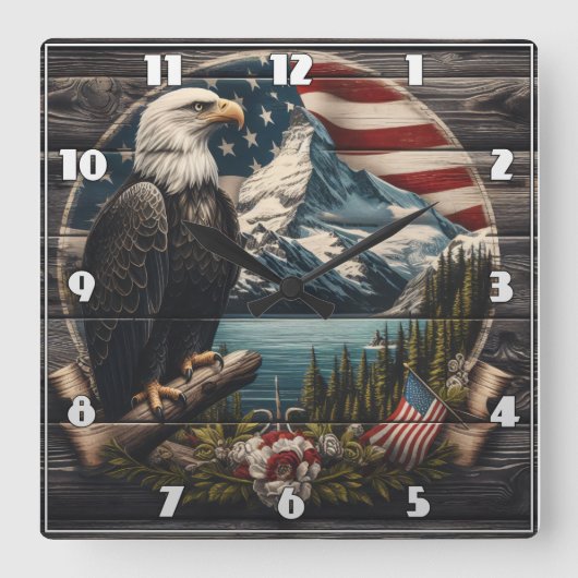 イーグル威厳のあるが山の近くの木に止まった スクエア壁時計 (正面)