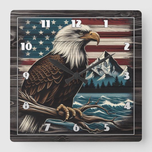 イーグル威厳のあるオンブランチwithアメリカテーマ スクエア壁時計 (正面)