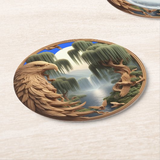 イーグル威厳のあるソアリングバイウォーターフォール ラウンドペーパーコースター (アングル)