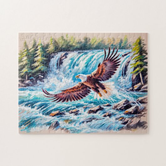 イーグル飛んでいるインウォーターフォールの前パステルチョーク ジグソーパズル (横)
