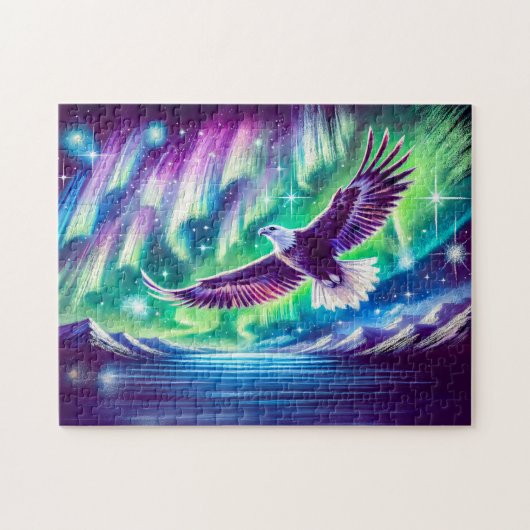 イーグル飛んでいるオーバーマウンテンレイクノーザンライト ジグソーパズル (横)