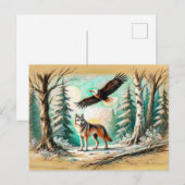 イーグル&ウルフインザフォレストパステルチョークスケッチ ポストカード (正面/裏面)