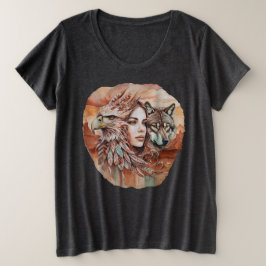 イーグル – 女性 – ウルフ – 水彩画1 – ファンおもしろい プラスサイズTシャツ