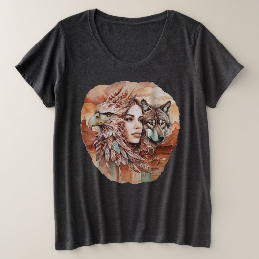 イーグル – 女性 – ウルフ – 水彩画1 – ファンおもしろい プラスサイズTシャツ (デザイン正面)