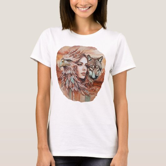 イーグル – 女性 – ウルフ – 水彩画1 – ファンおもしろい Tシャツ (正面)