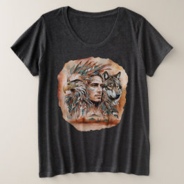 イーグル – 男 – ウルフ – 水彩画1 – ファンおもしろい プラスサイズTシャツ