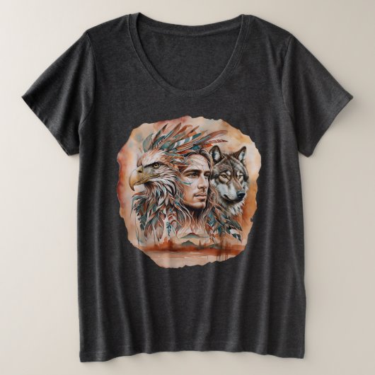 イーグル – 男 – ウルフ – 水彩画1 – ファンおもしろい プラスサイズTシャツ (デザイン正面)