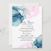 イーサリーインキーティール(緑がかった色)ピンク&ブルーボーイガールツインズ 招待状 (正面)