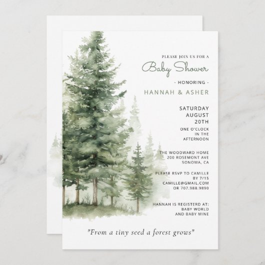 イーサリーウォーター色の森ウッドランドベビーシャワー 招待状 (正面/裏面)