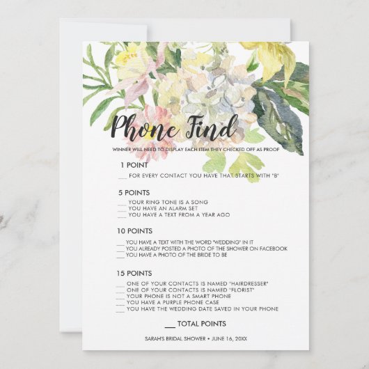 イーサリーガーデンブライダルシャワーゲームカード 招待状 (裏面)