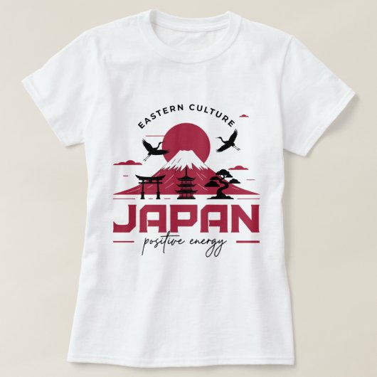 イースタンカルチャー日本富士山と鶴ポジティブ Tシャツ (デザイン正面)