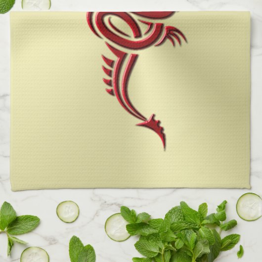 イースタンクリムゾンドラゴン、エンボス効果金ゴールド キッチンタオル (折り畳み)