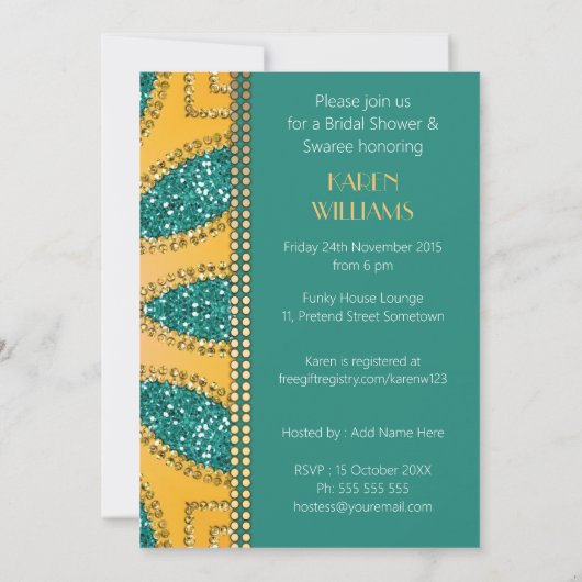 イースタンスパークルティール（緑がかった色）金ゴールドブライダルシャワー招待状 招待状 (裏面)