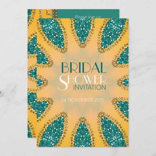 イースタンスパークルティール（緑がかった色）金ゴールドブライダルシャワー招待状 招待状 (正面/裏面)