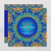 イースタンブルー金ゴールドサテンレースモノグラム招待状 招待状 (正面/裏面)