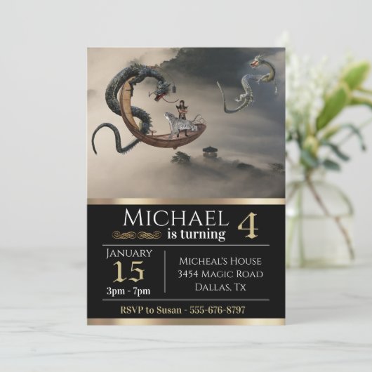 イースタン中国のドラゴンファンタジーメタリック誕生日 招待状 (スタンド正面)