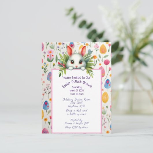 イースターうさぎと卵のポットラックブランチ招待状 シーズンポストカード (スタンド正面)