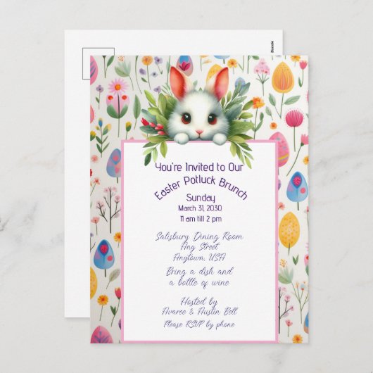 イースターうさぎと卵のポットラックブランチ招待状 シーズンポストカード (正面/裏面)