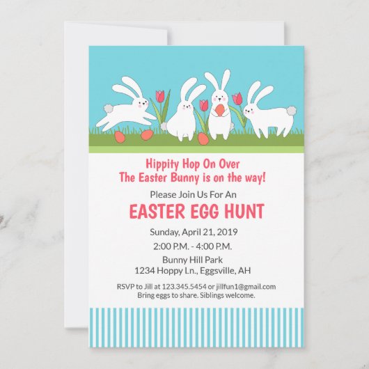 イースターうさぎの卵の宝探しへの招待 招待状 (正面)