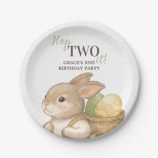 イースターうさぎの2歳の誕生日おめでとう(編集可能) ペーパープレート (正面)