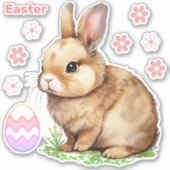 イースターうさぎ、ピンクの花とイースターエッグステッカー シール (正面)