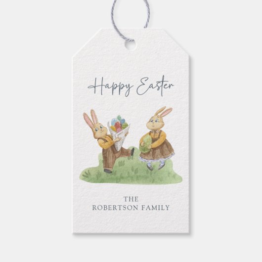 イースターおめでとう、かわいいウサギたち、水彩イースター ギフトタグ (正面)