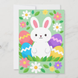イースターおめでとう かわいい白いウサギ カラフルな卵 緑 シーズンカード