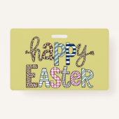 イースターおめでとう かわいい花のウサギ 春のヒョウ柄 バッジ (正面)