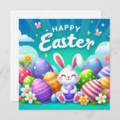 イースターおめでとう - パステルカラーのウサギの卵 シーズンカード (正面/裏面)
