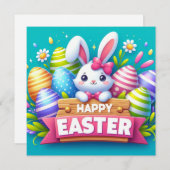 イースターおめでとう - パステルカラーのウサギの卵 シーズンカード (正面/裏面)