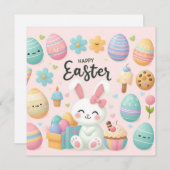 イースターおめでとう - パステルカラーのウサギの卵 シーズンカード (正面/裏面)