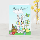 イースターおめでとう、マスクをしたイースターバニー カード (黄色い花)