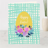 イースターおめでとう！ レトロなチェック柄の背景に花模様のオレンジ色の卵 カード (正面)