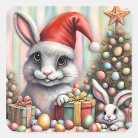 イースターおもしろいのクリスマスのウサギのミスフィット スクエアシール (正面)