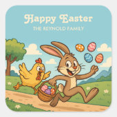 イースターおもしろいアニメ | バニー・エッグを鶏から奪う スクエアシール (正面)