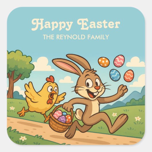 イースターおもしろいアニメ | バニー・エッグを鶏から奪う スクエアシール (正面)
