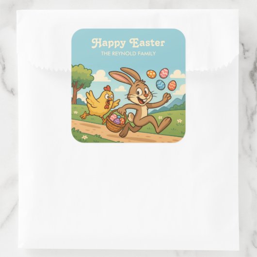 イースターおもしろいアニメ | バニー・エッグを鶏から奪う スクエアシール (バッグ)