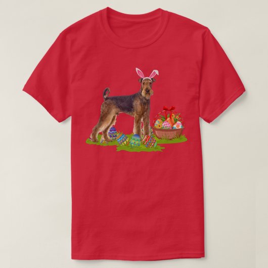 イースターおもしろいエッグ狩りバニーAiredale Terrier Dog E Tシャツ (デザイン正面)