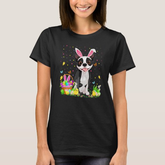 イースターおもしろいエッグ狩りボストンテリア犬イースター Tシャツ (正面)