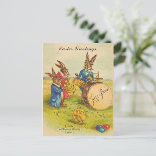 イースターおもしろいグリーティング踊りチックスカスタム文字 シーズンポストカード (スタンド正面)