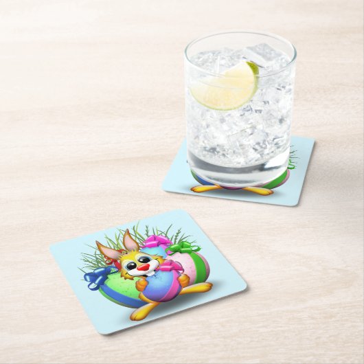 イースターおもしろいバニーと可愛いキャラクターがEgをかむ スクエアペーパーコースター (インサイチュ)