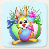 イースターおもしろいバニーと可愛いキャラクターがEgをかむ スクエアペーパーコースター (正面)