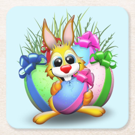 イースターおもしろいバニーと可愛いキャラクターがEgをかむ スクエアペーパーコースター (正面)