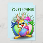 イースターおもしろいバニーと可愛いキャラクターがEgをかむ 招待状 (正面/裏面)