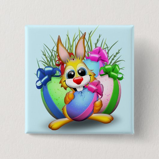 イースターおもしろいバニーと可愛いキャラクターがEgをかむ 缶バッジ (正面)