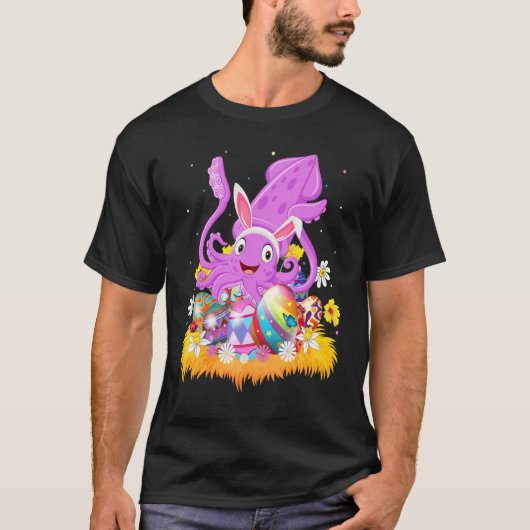 イースターおもしろい卵かわいいイカ復活祭の日曜日 Tシャツ (正面)