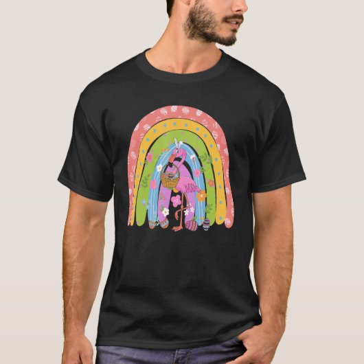 イースターかわいらしBとイースターフラミンゴレインボーバニー Tシャツ (正面)