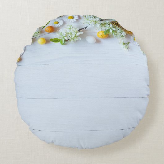 イースターさくらんぼプラム:黄色の卵。 ラウンドクッション (正面)