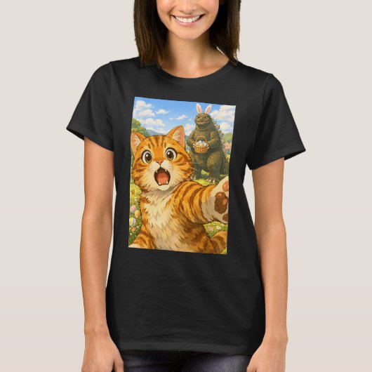 イースターで驚いて怖がる猫のセルフィー Tシャツ (正面)