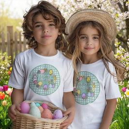イースターのうさぎとひよこと卵 ギンガムグリーン Tシャツ